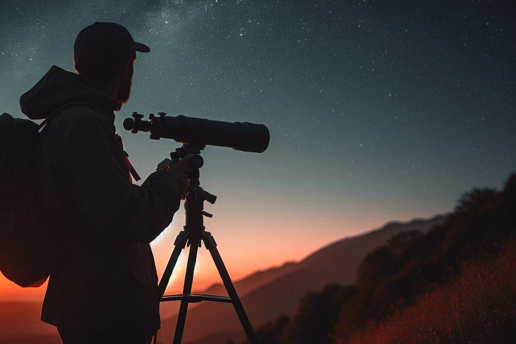 Чоловік в горах з телескопом